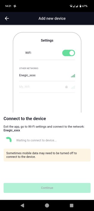 App-skärm för att lägga till en ny enhet, visar WiFi-inställningar och instruktioner för att ansluta till nätverket Enegic_xxxx.