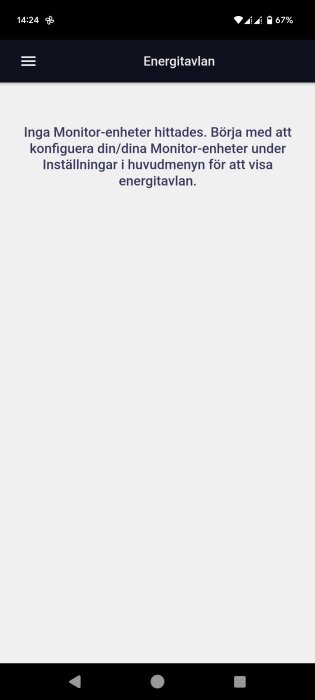 Skärmbild av appen "Energitavlan" visar meddelandet "Inga Monitor-enheter hittades". Anslut och konfigurera i inställningarna.