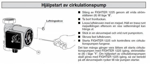 Instruktionsbild för hjälpstart av cirkulationspump med luftningsskruv och skruvmejsel.