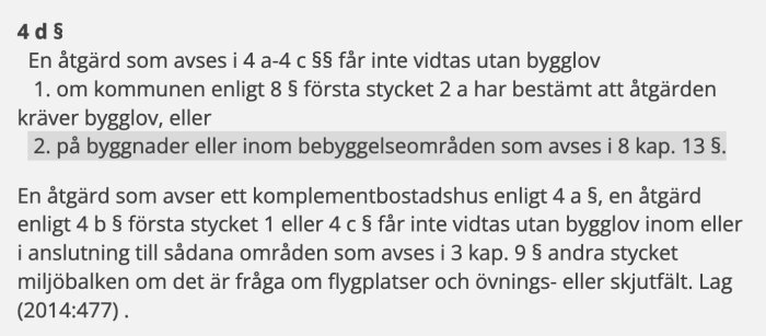 Bild av utdrag ur svensk lagtext enligt plan- och bygglagen om bygglov och värdefulla bebyggelseområden, specifikt 8 kap. 13 §.