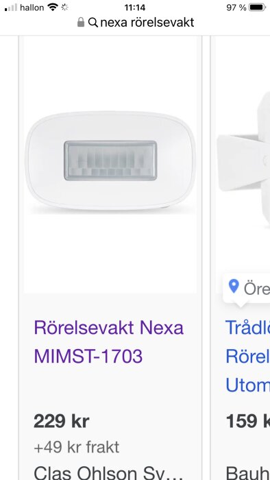 Rörelsevakt Nexa MIMST-1703 för ljusinstallation, visas med prisinformation.