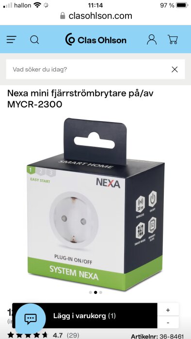 Förpackning av Nexa mini fjärrströmbrytare MYCR-2300, visas med Clas Ohlson-logotyp och ett alternativ för att lägga i varukorg.