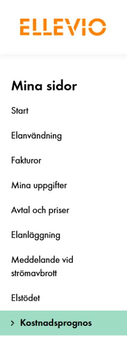 Meny från Ellevios "Mina sidor" med alternativ som Start, Elanvändning, Fakturor, Kostnadsprognos markerad längst ner i grönt.