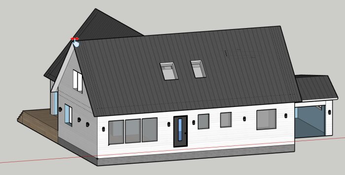 3D-modell av ett planerat husbygge med modernt sadeltak, stora fönster och en tillhörande uteplats.