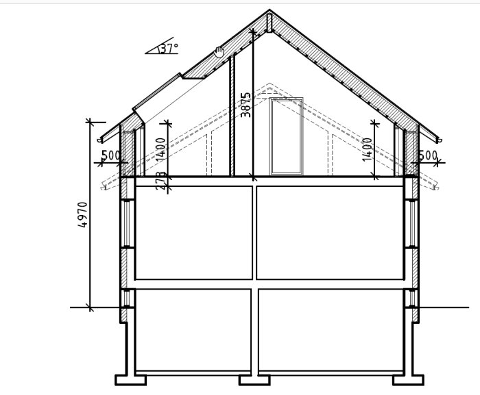 Illustration av en tvärsnittsritning för ett hus med snedtak, visar mått och förändringar vid renovering och utbyggnad, innan byggstart.