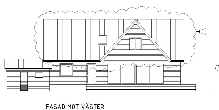 Illustration av husets västra fasad efter renovering, med liggande panel och stora glaspartier mot trädgården.