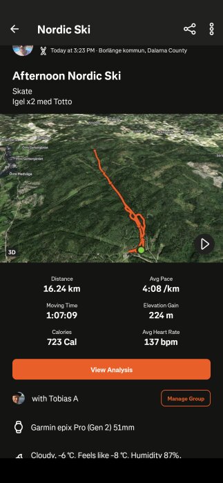 Skidspår med karta och statistik över en tur i Dalarna: 16,24 km, 224 m höjdmeter, 723 kalorier förbrända, genomsnittlig puls 137 bpm.