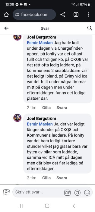 Bild av Facebook-konversation om tillgänglighet av laddstationer vid Ionity, OKQ8 och vid ICA med kommentarer från användare.