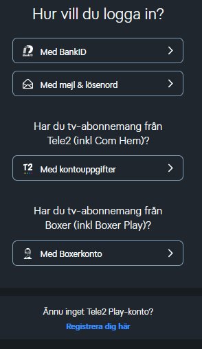 Inloggningsalternativ för Tele2 Play: BankID, mejl och lösenord, Tele2-kontouppgifter, Boxer-konto. Option att registrera nytt konto.