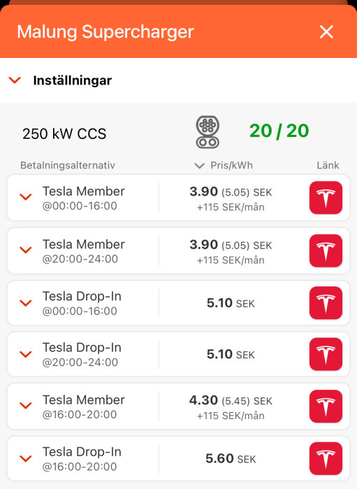 Skärmdump av Malung Supercharger-priser, visar olika kostnader för Tesla-medlemmar och drop-in, samt skillnad i pris mellan olika tider.