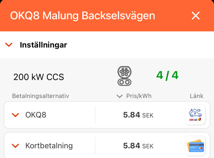 Skärmbild av OKQ8:s prisinformation för elbilsladdning i Malung, 200 kW CCS, kostnad 5.84 SEK per kWh för betalning med OKQ8 och kortbetalning.