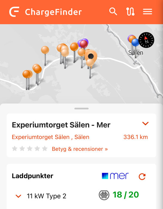 Karta över Sälen med laddpunkter markerade, inklusive Experiumtorget med 18 av 20 platser tillgängliga för laddning.