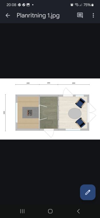 Planritning av attefallare på 30 kvadratmeter, visar bastu med U-formade lavar, eldstad samt relaxområde med altandörrar och dubbelglasdörrar.