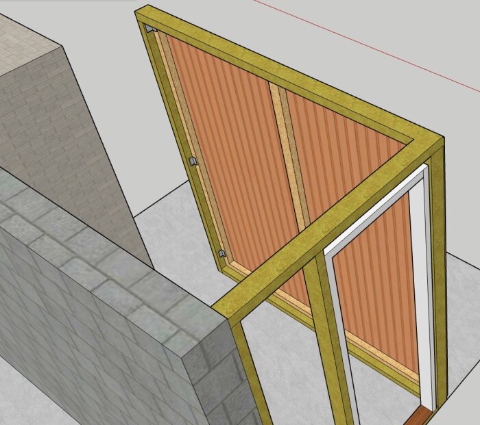 Skiss av monterad löstagbar vägg i tvättstuga, med panelspårad plywood och återanvänd badrumsdörr. Fastskruvad med vinkeljärn.