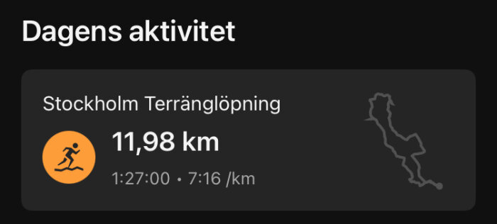 Träningsaktivitet visar Stockholm terränglöpning, 11,98 km på 1:27:00 med ett tempo på 7:16/km, inklusive karta över löpsträcka.