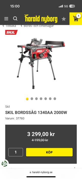 Bild på en SKIL bordssåg modell 1340AA 2000W, till salu hos Harald Nyborg för 3 299 kr, tidigare pris 4 199 kr.