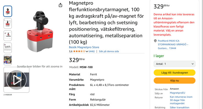 Produktbild av Magnetpro flerfunktionsbrytarmagnet, röd och grå, med specifikationer och pris i en Amazon-annons.