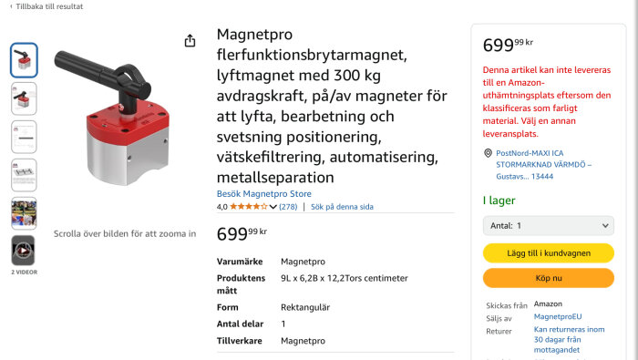 Bild av en Magnetpro flerfunktionsbrytarmagnet, lyftmagnet med rött och silver färgschema, 300 kg avdragskraft visas på en köp-sida.