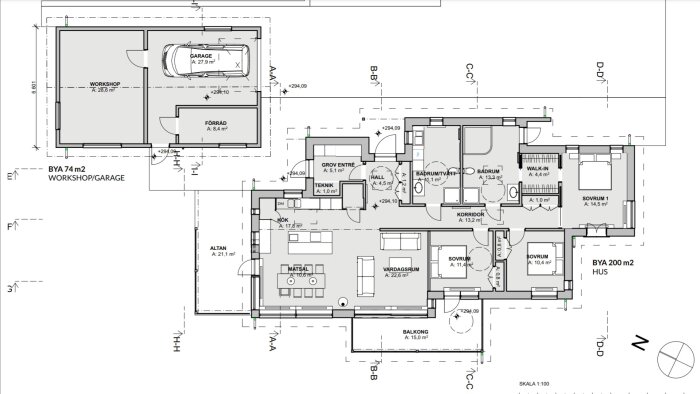 Planritning av ett hus på cirka 145 kvm, byggt för 3 år sedan, med detaljer som rumsspecifikationer och storlekar samt garage och verkstad.