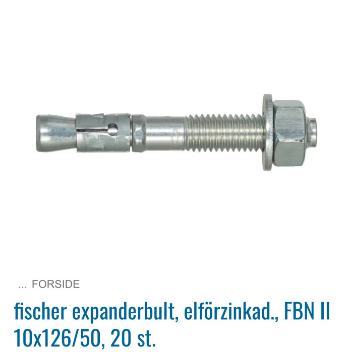 Expanderbult, elförzinkad, FBN II 10x126/50, visar en skruv med gängor och mutter, används för byggnadsändamål. Finns i olika storlekar.