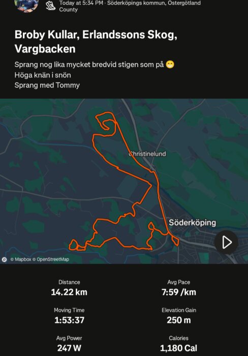 En karta över löprunda i Söderköping, visar ruttens mönster. Detaljer: 14,22 km, 1:53:37 tid, 250 m höjd, 1180 kalorier förbrända.