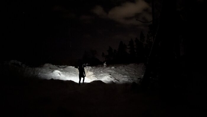 Person går över en snötäckt mark i mörkret med ficklampa som lyser upp omgivningen, omgiven av skog och molnig natthimmel.