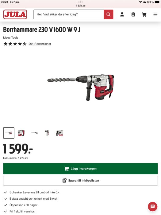 Borrhammare Meec Tools 230 V 1600 W från Jula, pris 1599 kronor. Bild på produktens framsida med borren fäst.