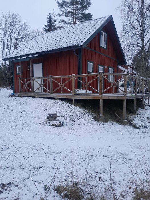 Röd lillstuga på en snötäckt tomt med ett altandäck runt. Trähus i lantlig miljö med snötäckta träd i bakgrunden.