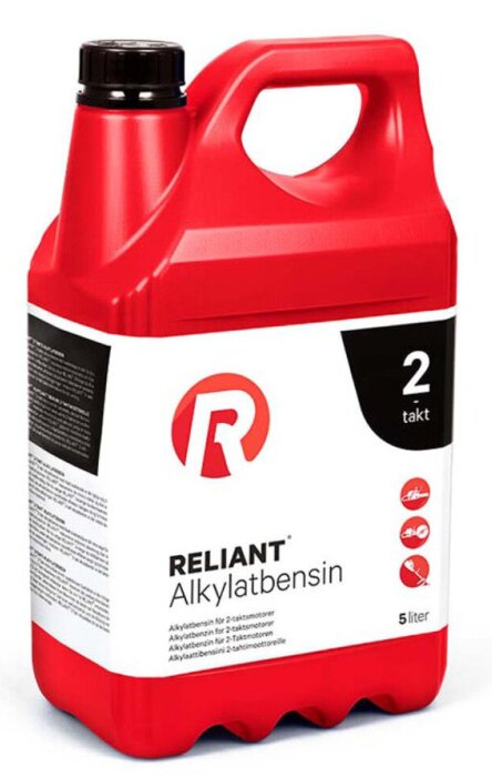 Röd behållare med Reliant alkylatbensin, 2-takt, 5 liter för motorer.