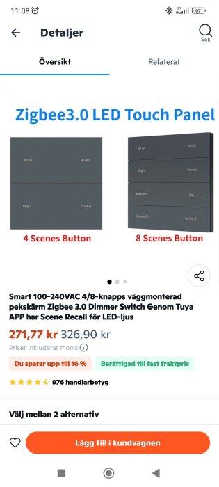 Zigbee 3.0 LED Touch Panel med 4 och 8 knapp- och scenalternativ, pris 271,77 kr, med rabatt och kundbetyg på 976 stjärnor.