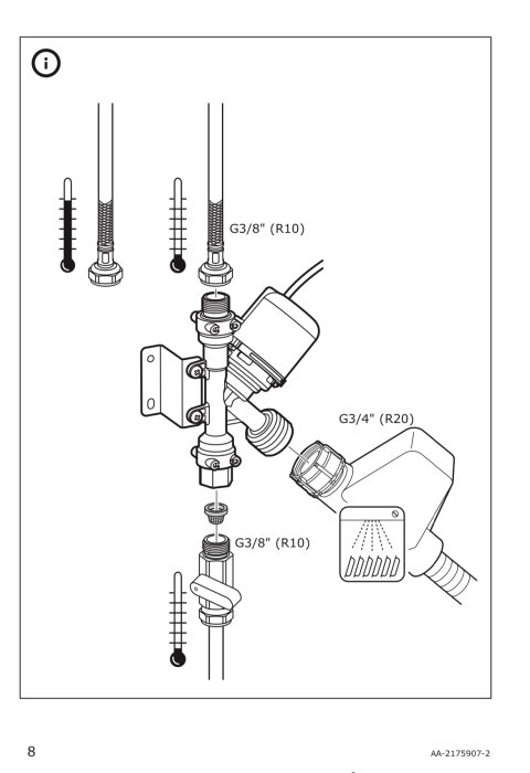 Illustration av Ikea Knycklan vattenanslutningssystem med G3/8" och G3/4" kopplingsmått för diskmaskin. Visar monteringsdetaljer och flödesriktning.