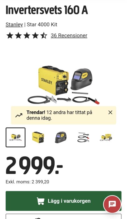 Invertersvets Stanley Star 4000 Kit med hjälm, kablar och tillbehör, pris 2999 kr, visas på en köpwebbsida.