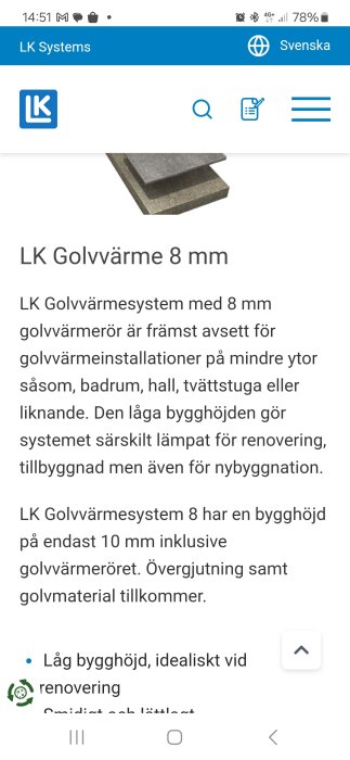 Bild på LK Systems golvvärmesystem 8 mm för små ytor. Passar vid renovering med låg bygghöjd. Idealisk för badrum och tvättstugor.