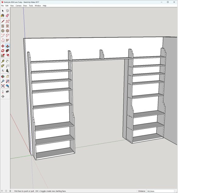 3D-design av hyllor och förvaringsenhet, monterade på en vägg med flera hyllplan. Sketchup-projekt i SketchUp Make 2017.