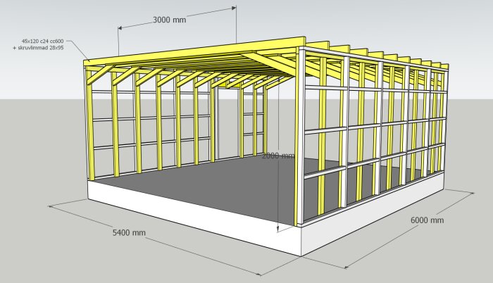 3D-modell av ramverk till byggnad med moduler, 5400x6000 mm. Markeringar för trädimensioner och höjd, dörröppning vid modulhöjd 20.