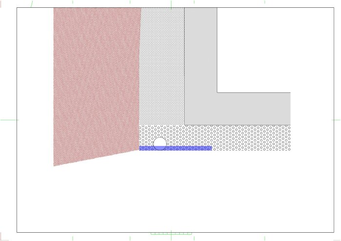 Skiss av dräneringssystem med makadam under dräneringsrör, visar vattenflödet och rörets placering i förhållande till mark och byggnad.