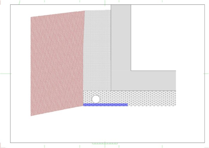 Ritning som visar dränering av hus med makadam och dräneringsrör på berggrund, illustrerar förändringen från tidigare installation.