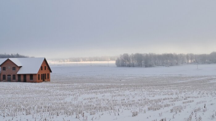 Tegelhus på snöigt fält med skog i bakgrunden under molnig himmel.