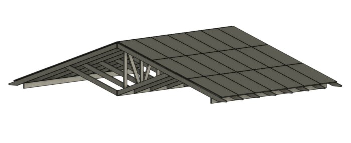 3D-modell av ett markstativ för solpaneler, visande träkonstruktion med korsstagning och reglar placerade i 20 graders lutning.