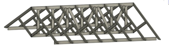 3D-modell av solpanelsstativ med korsstagade reglar i tryckimpregnerat trä, designad för låg bygghöjd och ökad stabilitet.