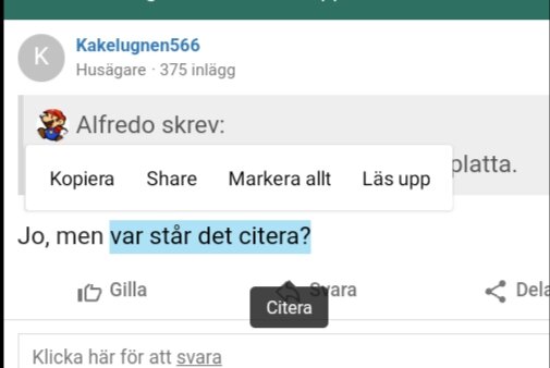 Popupmeny med alternativen Kopiera, Share, Markera allt och Läs upp, under ett inlägg av en användare som efterfrågar funktion för att citera text.
