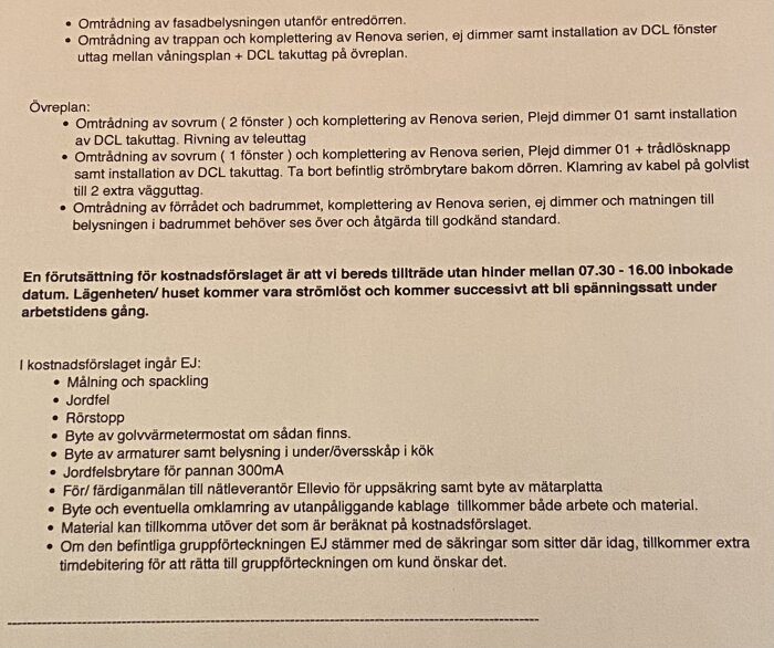 Bilden visar en detaljrik offert för elarbete i ett radhus med punkter för omtrådning, installation av vägguttag och villkor för kostnadsförslag.