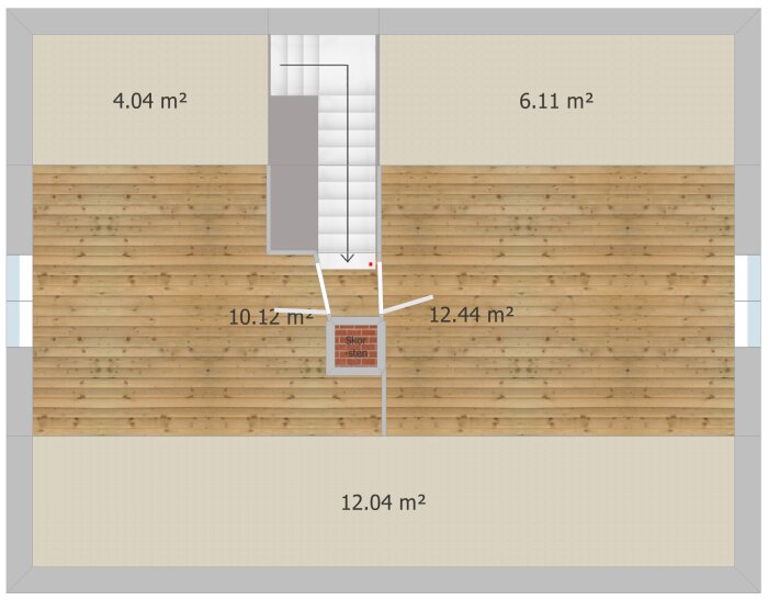 Planritning av övervåningen i ett litet hus med olika rumsytor, trappa, och skorsten markerade.