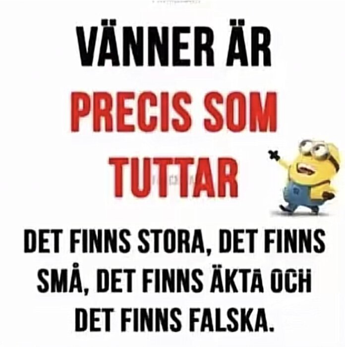 Bild med humoristisk text om vänner jämförda med olika typer av bröst, åtföljd av en gul, tecknad figur i blå hängselbyxor som pekar.