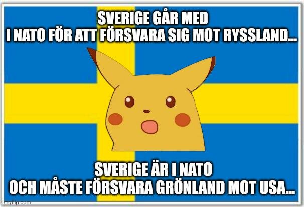 En överraskad Pikachu före svensk flagga med text om Sveriges medlemskap i NATO och försvar mot Ryssland och USA.