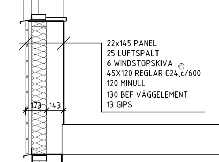 Konstruktionsritning av väggkonstruktion för garage, visar lager av panel, luftspalt, vindskyddsskiva, reglar, isolering, befintligt väggsegment och gips.