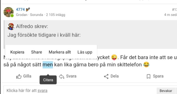 Skärmdump av ett forum där användare markerar ordet "men" i ett inlägg. En meny med alternativ som "Kopiera" och "Citera" visas.