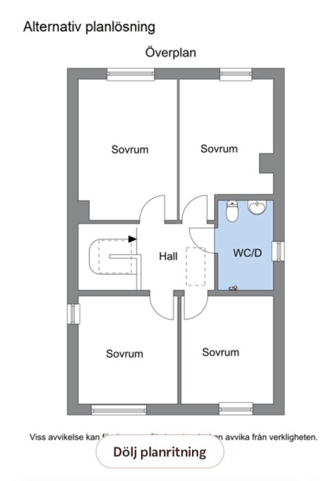 Alternativ planlösning för radhusets övervåning, visar tre sovrum, hall och WC/D.