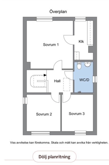 Planritning av radhusets överplan med tre sovrum, hall, klädkammare och WC/dusch.