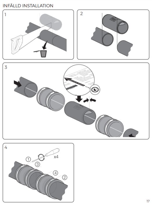 Instruktioner för infälld installation av rörkopplingar i fyra steg med skärande och montering av rördelar samt skruvmejsel.